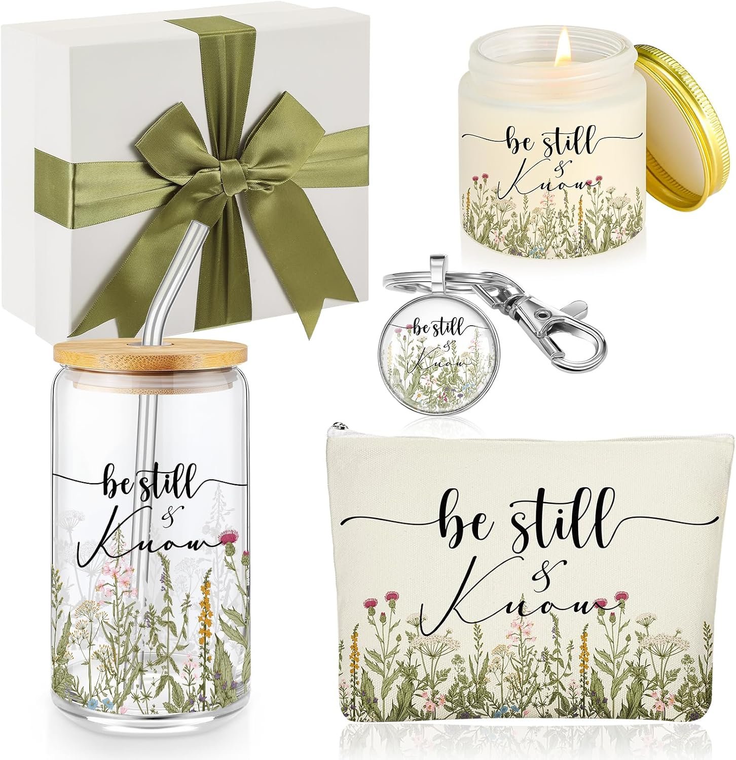5 Pcs Christian Gift for Women Be Still & Know Religious Christian Glass Cup Bible Verse Keychain Prayer Candle Makeup Bag for Church Member Sunday School Teacher Pastor’s Wife(Flowers)