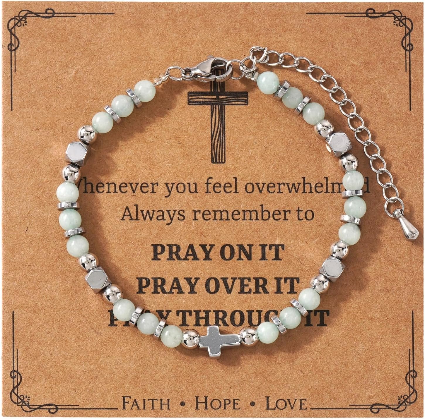 Christian Gifts for Women,Religious Cross Bracelet,Inspirational Natural Stones Beaded Baptism Link Bracelet Trendy Accessories Jewelry Gifts Family Sister Friend Birthday