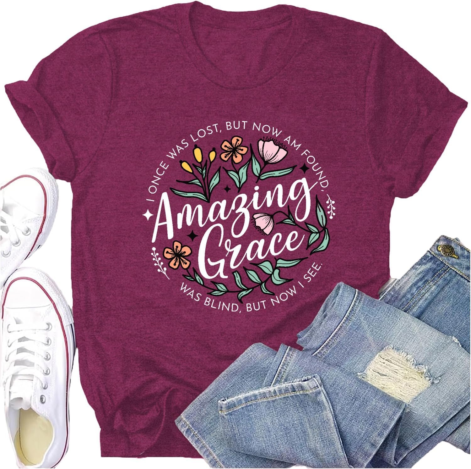 Christian Shirts for Women Faith Jesus Bible Verse Tshirt Amazing Grace Print Tee Tops