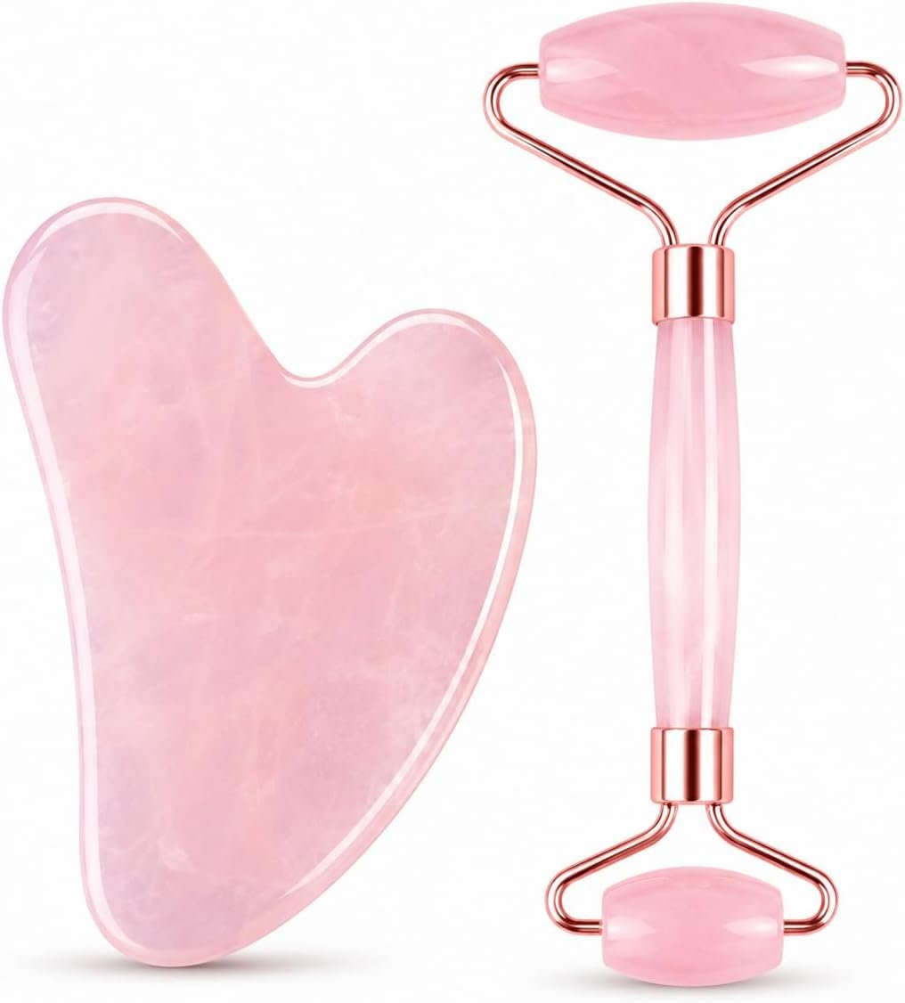 WHAL&YUNE Rose Quartz Gua Sha and Face Roller Set, Natural Gemstone Rose Quartz Stone Facial Massage Tools for Face, Neck, Skin Care, Lymphatic Drainage
