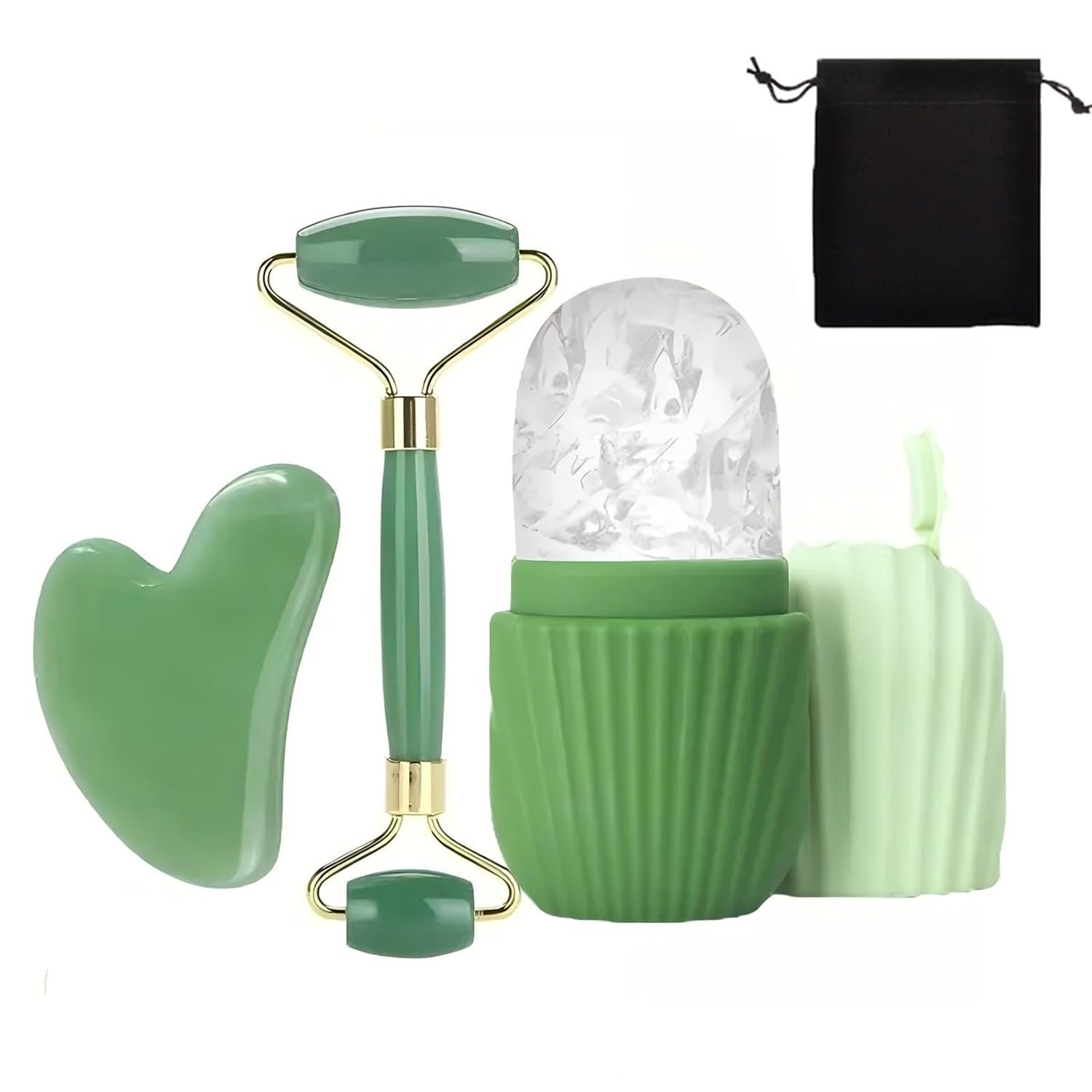 Face Roller Gua Sha Set, Ice Facial Roller Anti Aging Face Eye Skin Care Kit with Storage Bag(Black – 4-piece set)