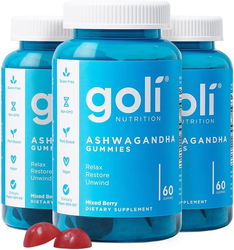 Goli Ashwagandha & Vitamin D Gummy – 180 Count – Mixed Berry, KSM-66, Vegan, Plant Based, Non-GMO, Gluten-Free & Gelatin Free Relax. Restore. Unwind, Pack of 3