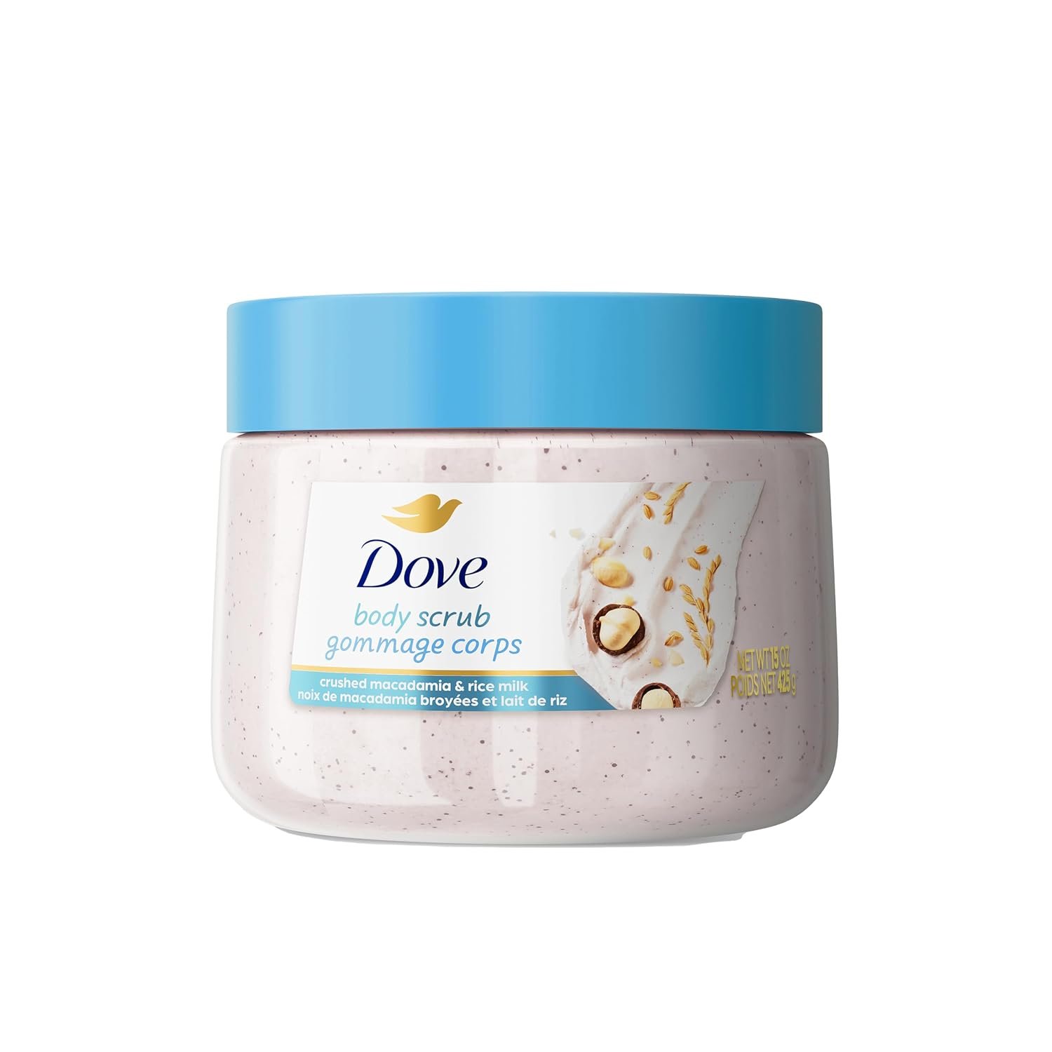 Dove Exfoliating Body Scrub for Soft Skin, Macadamia & Rice Milk, 15 oz