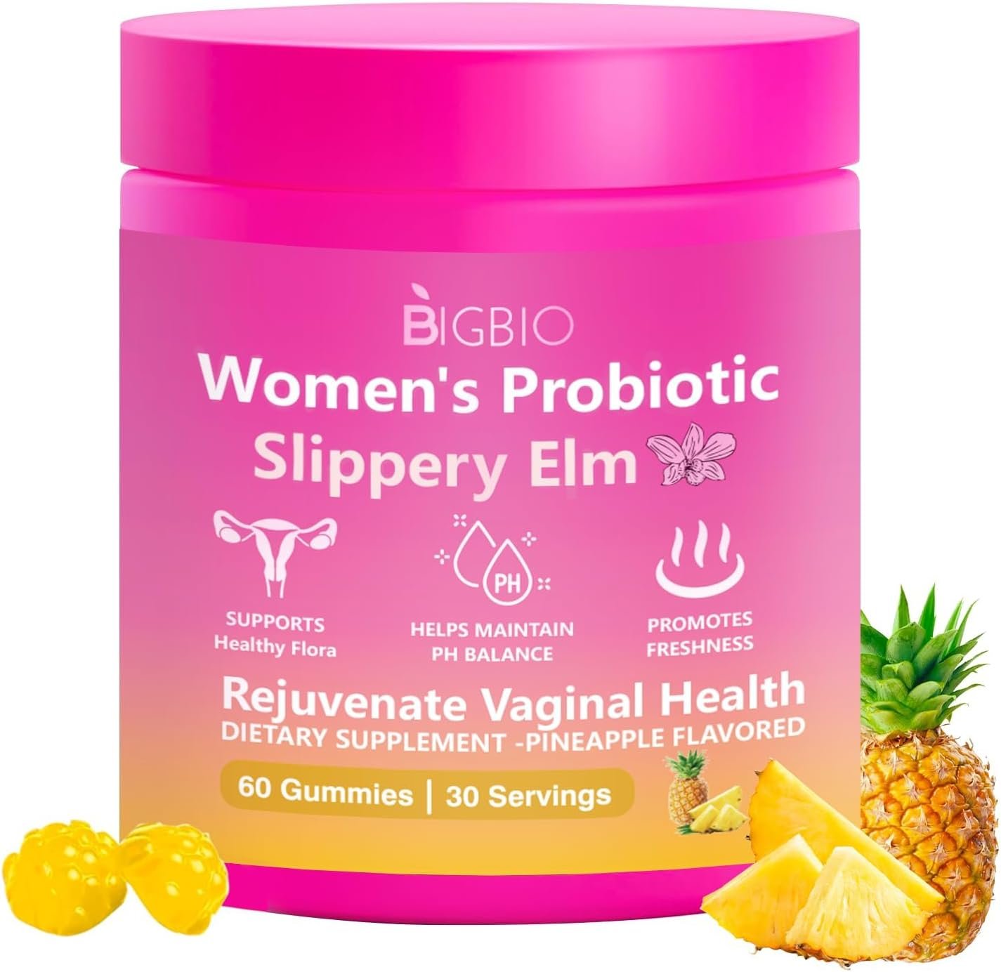 Feminine Probiotics Gummies, Slippery Elm for Women, Vaginal Health Supplement for pH Balance, Odor Control, Yeast Balance, Flora Immune Support, Suagr-Free, Veagn, Pineapple Flavor, 60 Count
