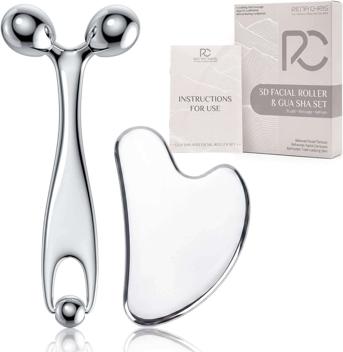 Rena Chris Stainless Steel Face Roller and Gua Sha Set for Face & Eye Care