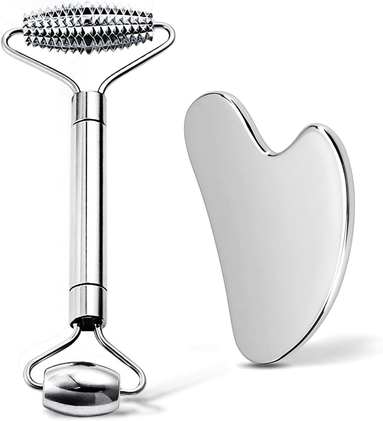 3 in 1 Gua Sha and Face Roller with Metal Eye Roller, Stainless Steel Tool for Puffiness and Jawline Sculpting, Hot & Cold Eyelid Roller for Dry Eyes, Chalazion, Stye and MGD Soothe