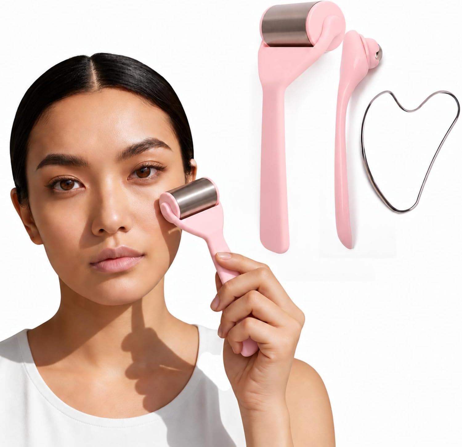 Stainless Steel Facial Gua Sha Tool Set, Ice Roller for Face&Eyes