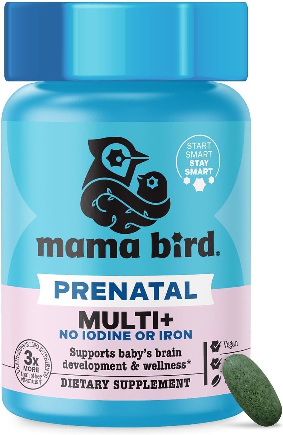 Mama Bird – Prenatal Multi+ No Iodine or Iron (30 Servings) Prenatal Vitamins for Women – 30+ Essential Nutrients, Baby Brain Health – L-Methylfolate & Probiotics – Vegan, Gluten Free, Non GMO
