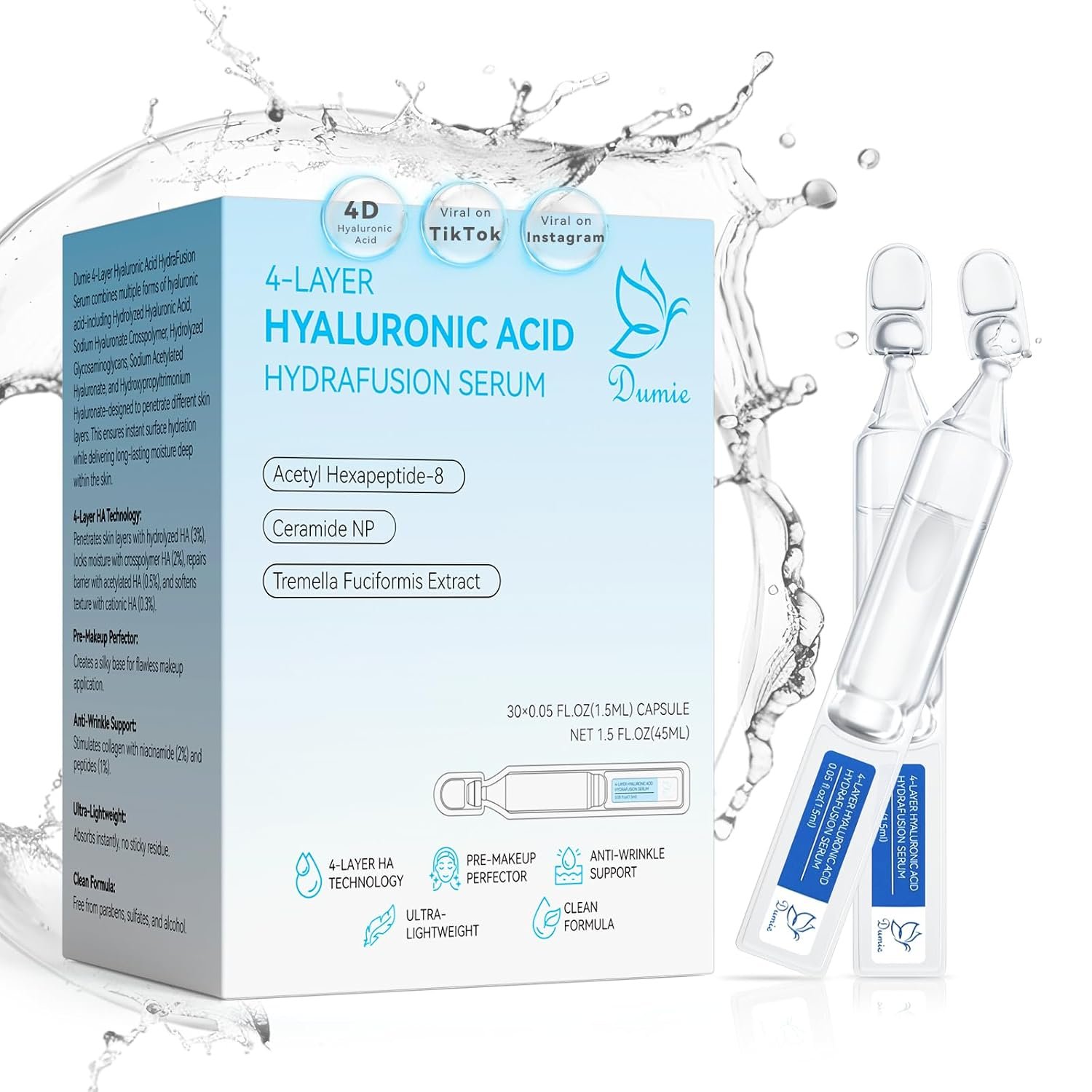 Hyaluronic Acid Serum for Face 3%, Anti-Aging Hydrating Serum with 20,000 ppm Ceramide NP & 10,000ppm Acetyl Hexapeptide-8, Korean Skincare ultra hydrating serum, turm Skin/Sensitive Skin(1.5 ml*30)