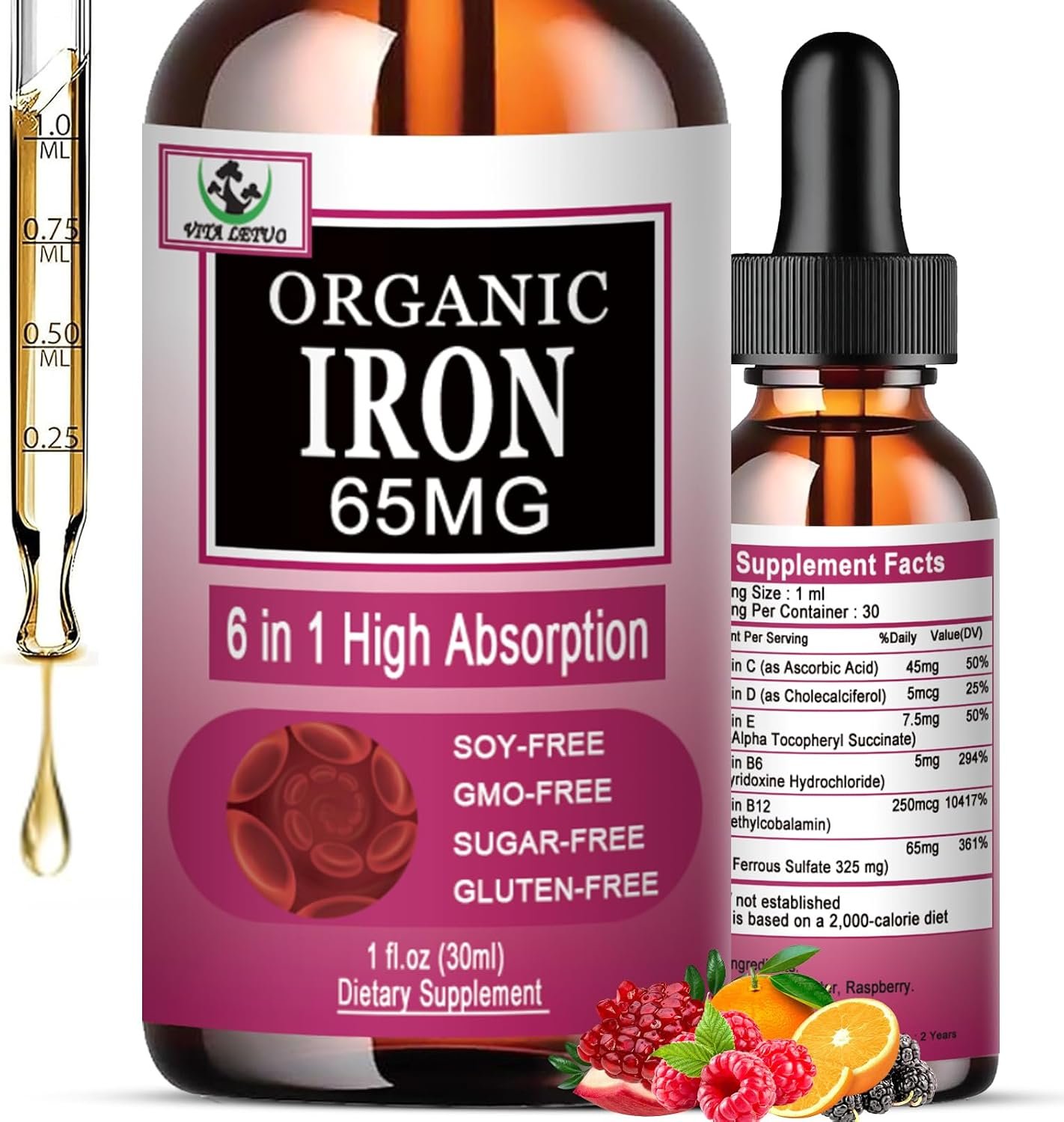 Vita letuo Iron Supplement for Women with Vitamin C,6-in-1 Liquid Supplement w/Vitamin B12,Vitamin B6,High Absorption Liquid Iron Drops for Red Blood Cells & Immune Support,Non-GMO, Gluten Free