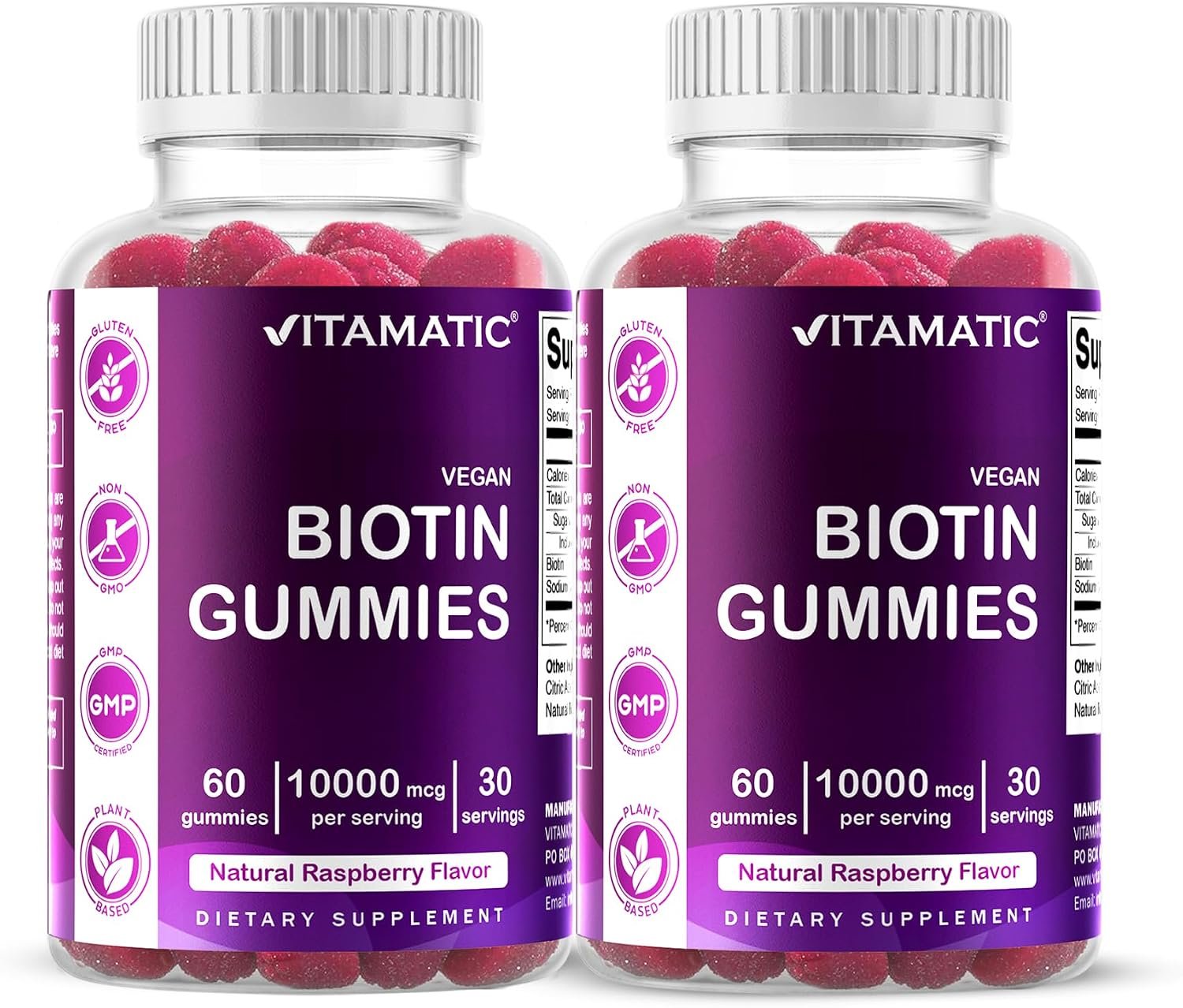 Vitamatic Biotin 10,000 mcg, 60 Vegan Gummies, Raspberry Flavor-2 pack