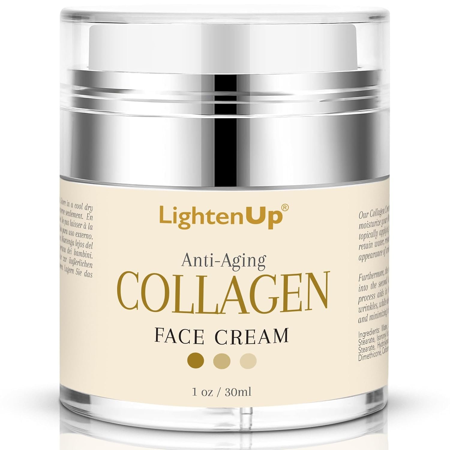 Lighten-Up Collagen Cream for Face – 1 fl oz / 30 ml – Antiaging, Fine Lines and Neck, Moisturizing and Hydrating Creams, Age Spots, with Hyaluronic Acid, for Women and Men