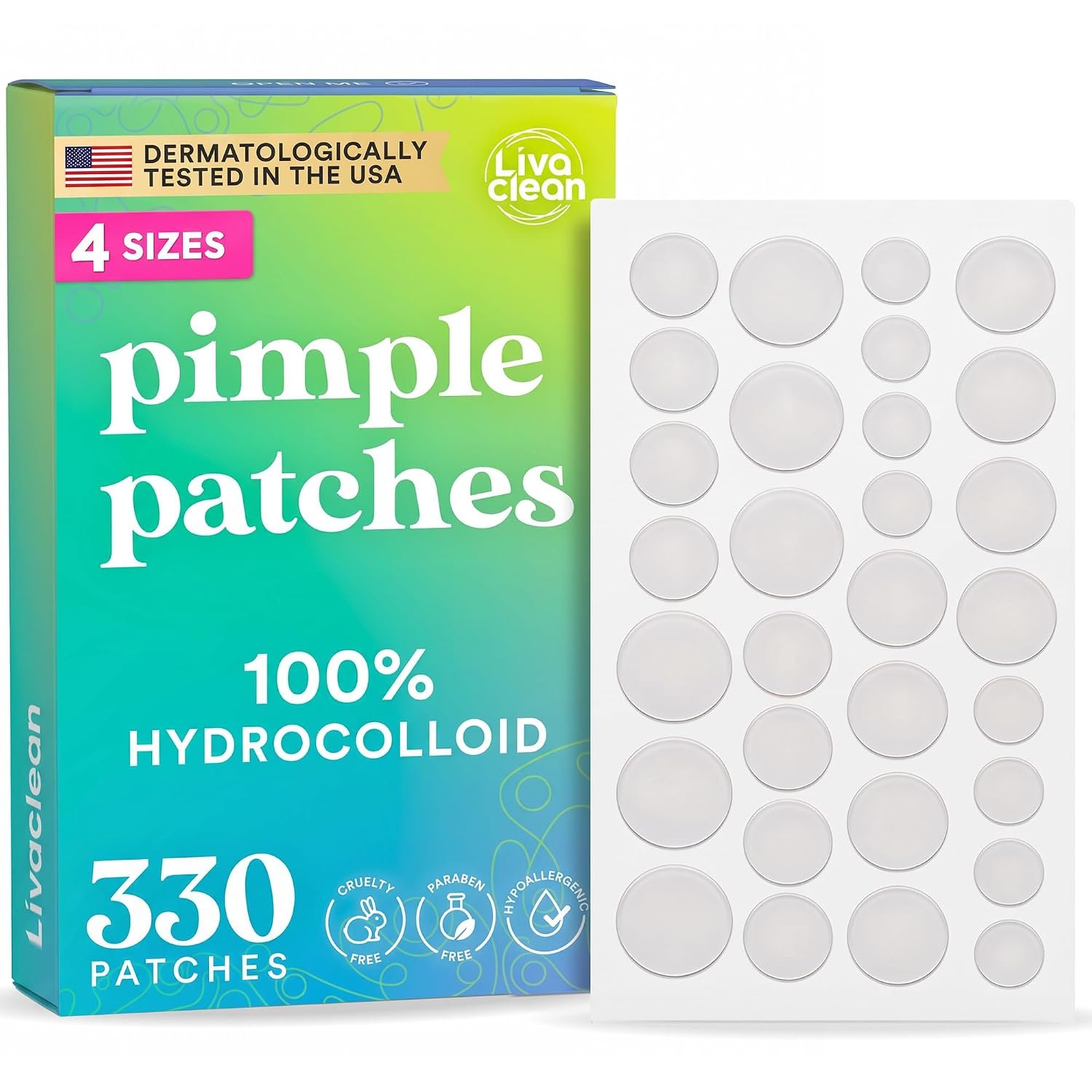 Livaclean 330 CT Pimple Patches for Face – 100% Hydrocolloid Acne Patches – Four Sizes – Acne Dots Zit Stickers – Hydrocolloid Patch Pimple Patch Invisible – Blemish Patches