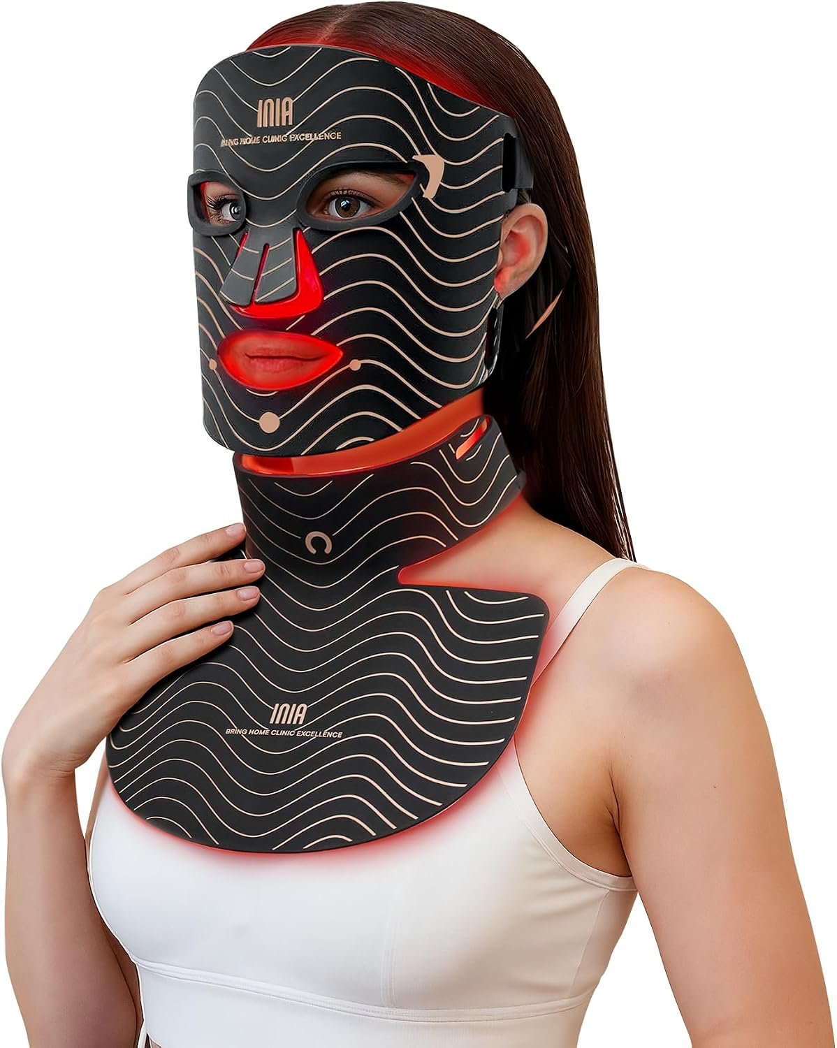 INIA Red Light Therapy Mask for Face, Neck & Chest, 850nm NIR, 4 Modes