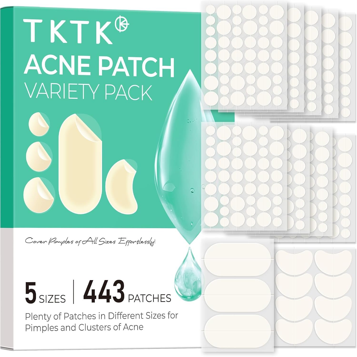 TKTK 443 Count Pimple Patches for Face, Hydrocolloid Acne Cover Patch Bulk