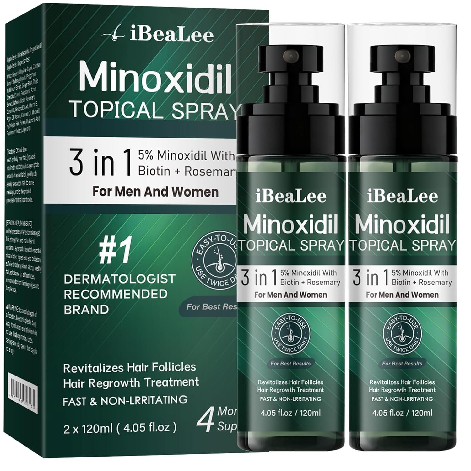 Extra Strength 5% Minoxidil Hair Regrowth Spray for Men & Women, 2 Bottles