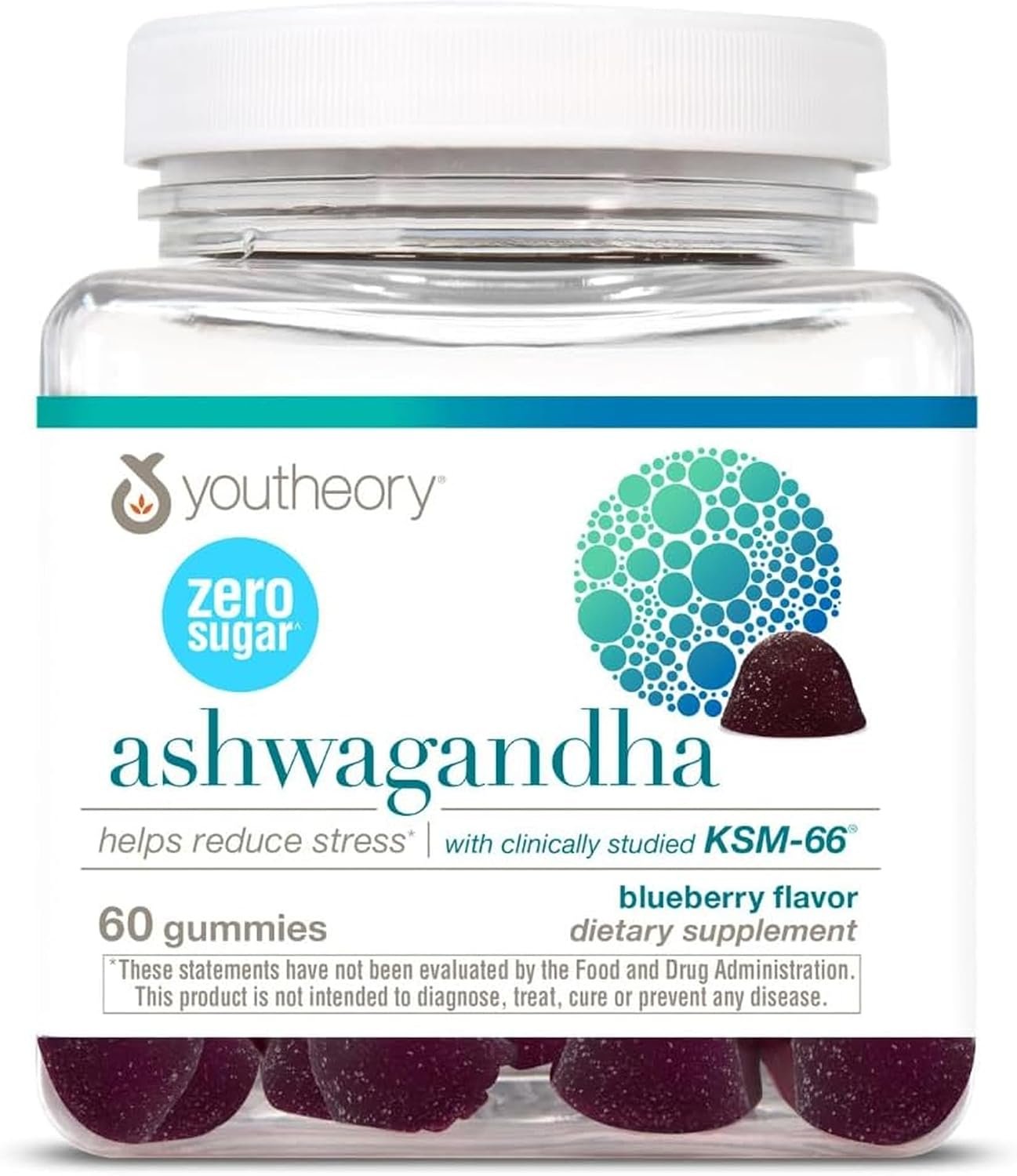 Youtheory Ashwagandha Zero Sugar Gummy, Blueberry, 60 Count