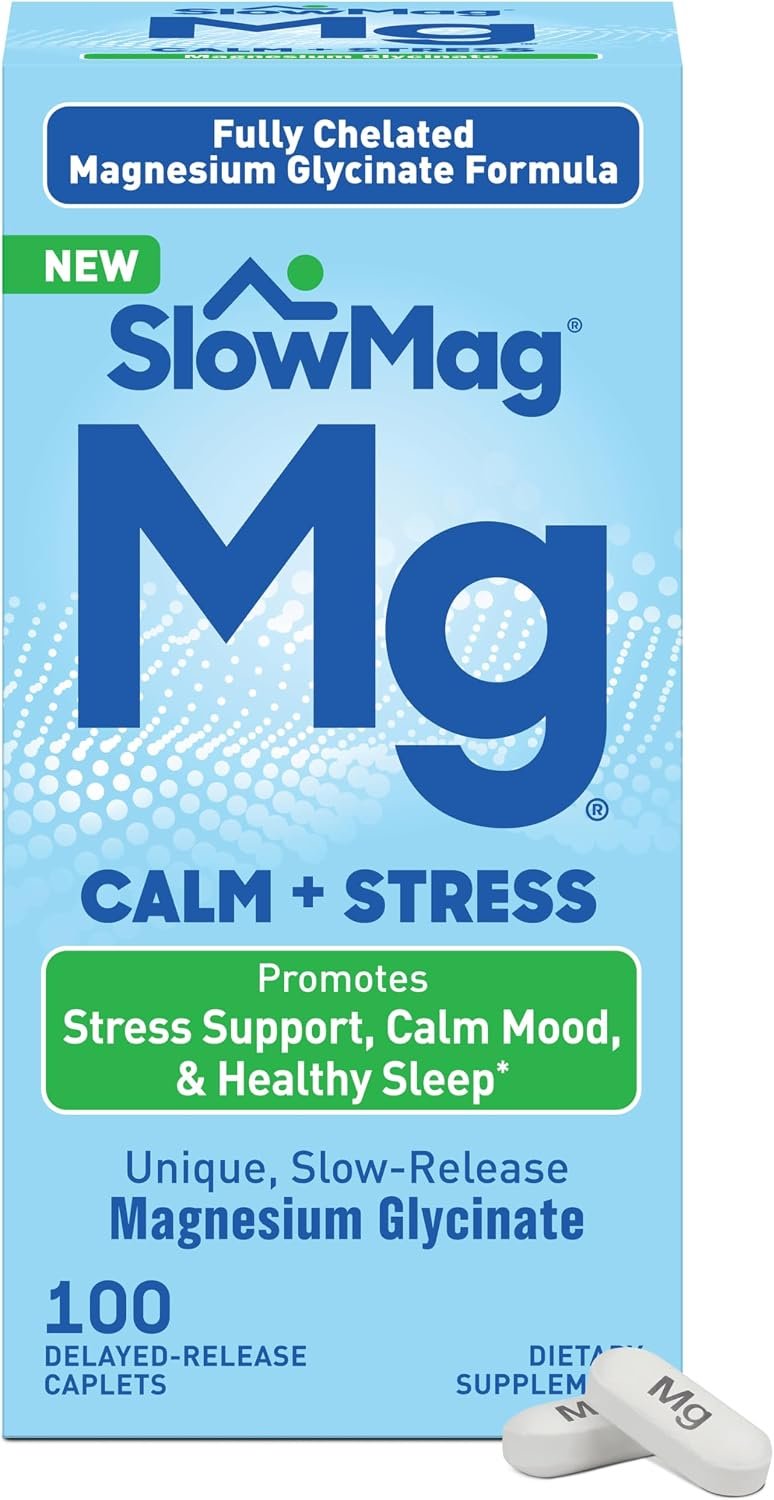 SlowMag Magnesium Glycinate Caplets, 100 Count, Slow-Release, Calm & Stress Support, Healthy Sleep, Gentle on Stomach, Chelated Magnesium Glycinate Supplements for Women & Men