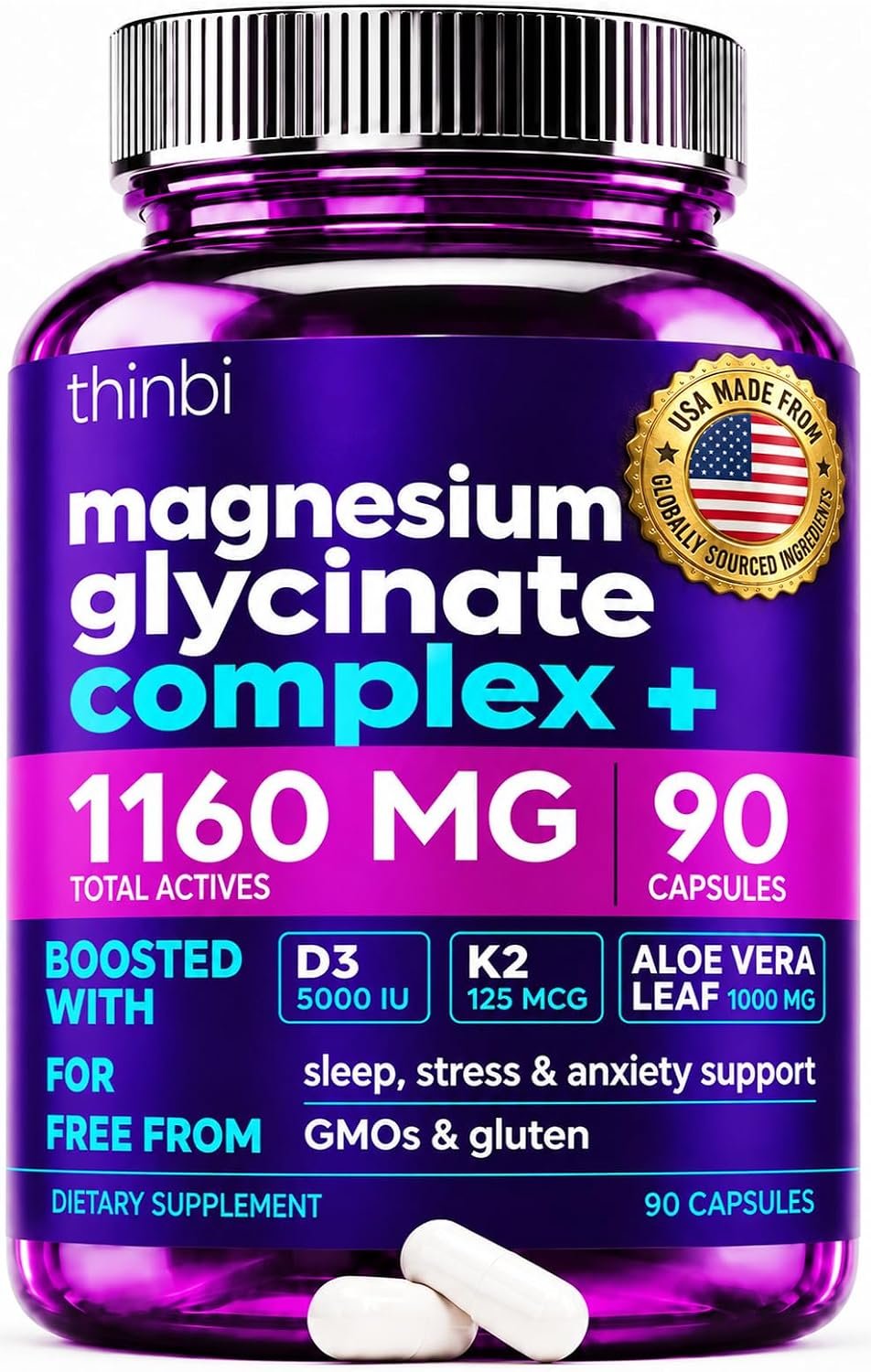 Magnesium Glycinate 1160mg + Aloe Vera, D3 & K2 Complex