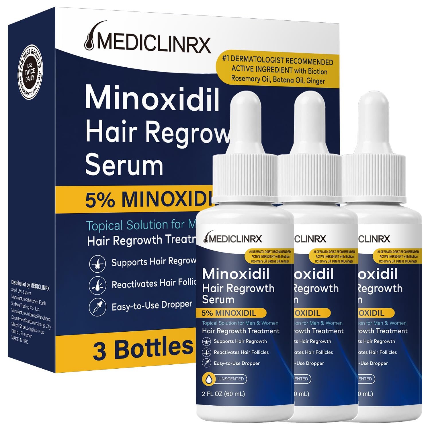 5% Minoxidil for Men and Women Hair Growth Serum, 3 Bottles