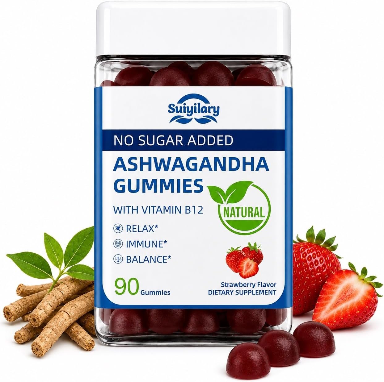 Ashwagandha Gummies 2000mg, Ashwagandha High Strength Root Extract Supplement with Vitamin B12 for Men Women, Strawberry Flavour 45 Days Supply 90 Gummies