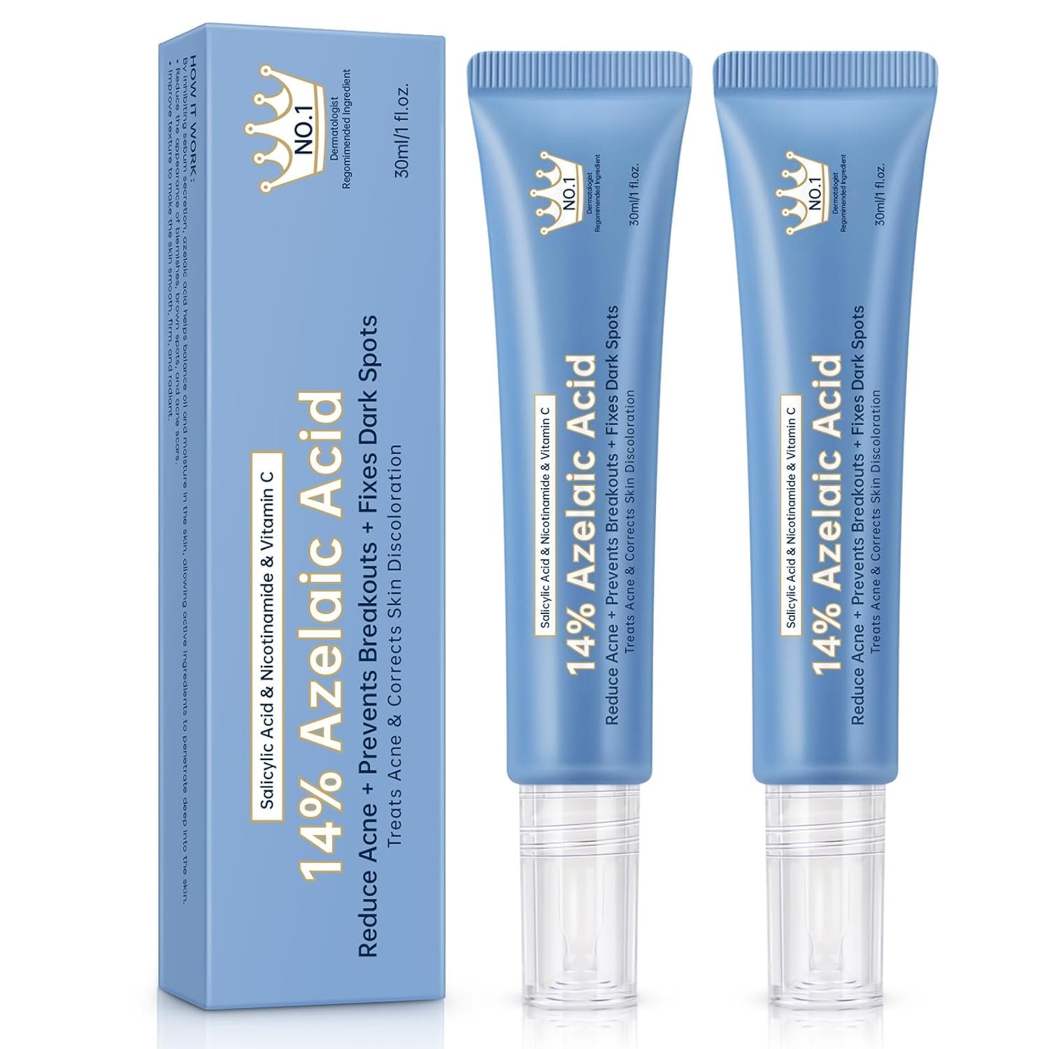 Azelaic Acid 14% Acne Cream for Redness Relief, Dark Spots, Facial Serum with Niacinamide & Vitamin C Prevent Acne Breakouts, Azelaic Acid Serum for Balance Excess Sebum & Soothe Irritation, 2 Oz.