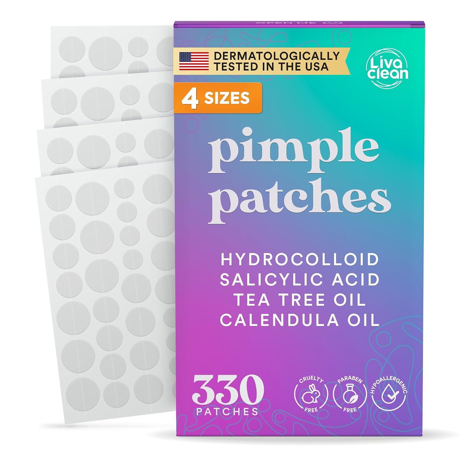 LivaClean 330CT Pimple Patches for Face, 4 Sizes Hydrocolloid Patch