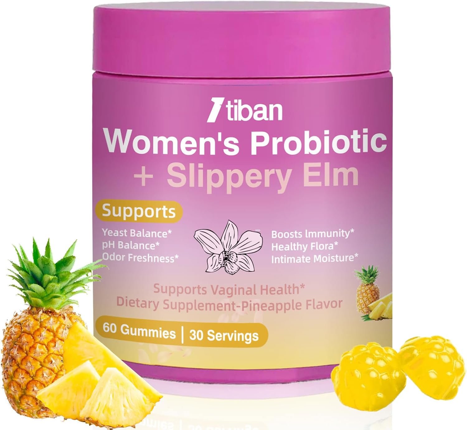 Feminine Vaginal Probiotics Gummies, Supports pH Balance & Digestive Health, Slippery Elm for Women, Suagr-Free, Veagn, Pineapple Flavor, 60 Count