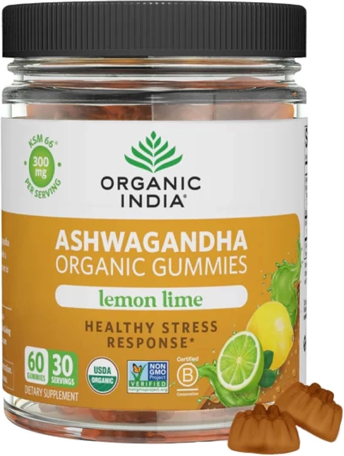 ORGANIC INDIA Ashwagandha Gummies for Men & Women, Lemon Lime, 60 Gummies