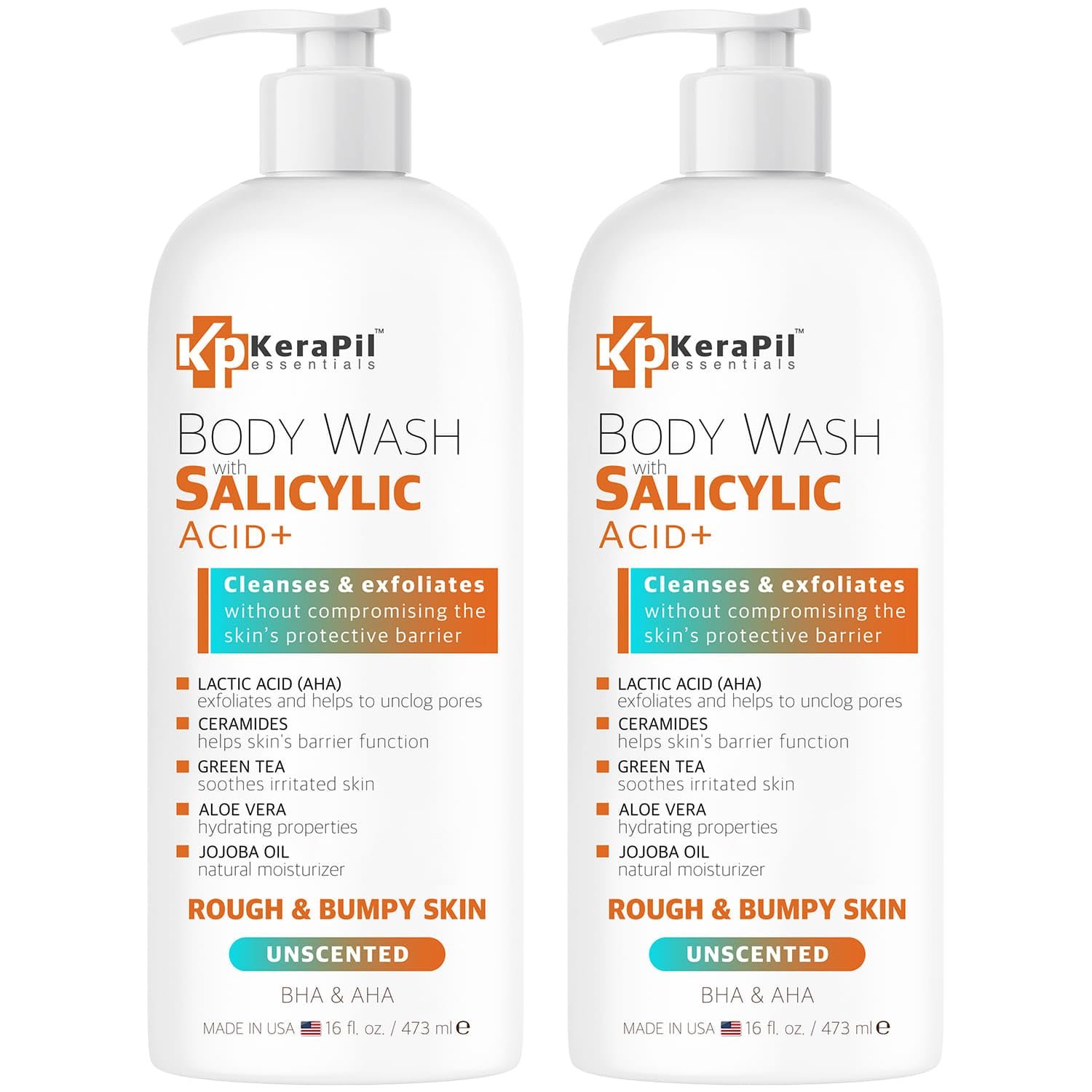 KERAPIL Salicylic Acid Body Wash for Rough & Bumpy Skin | Exfoliating Body Wash to Help Smooth Skin Texture | Salicylic Acid, Lactic Acid & Ceramides | 16 fl oz