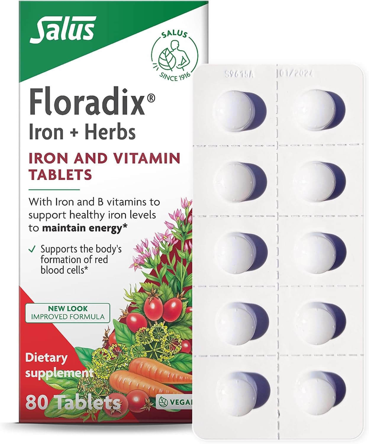 Floradix Iron Tablets Supplement, Vegetarian, Gluten-Free, 80 Tablets