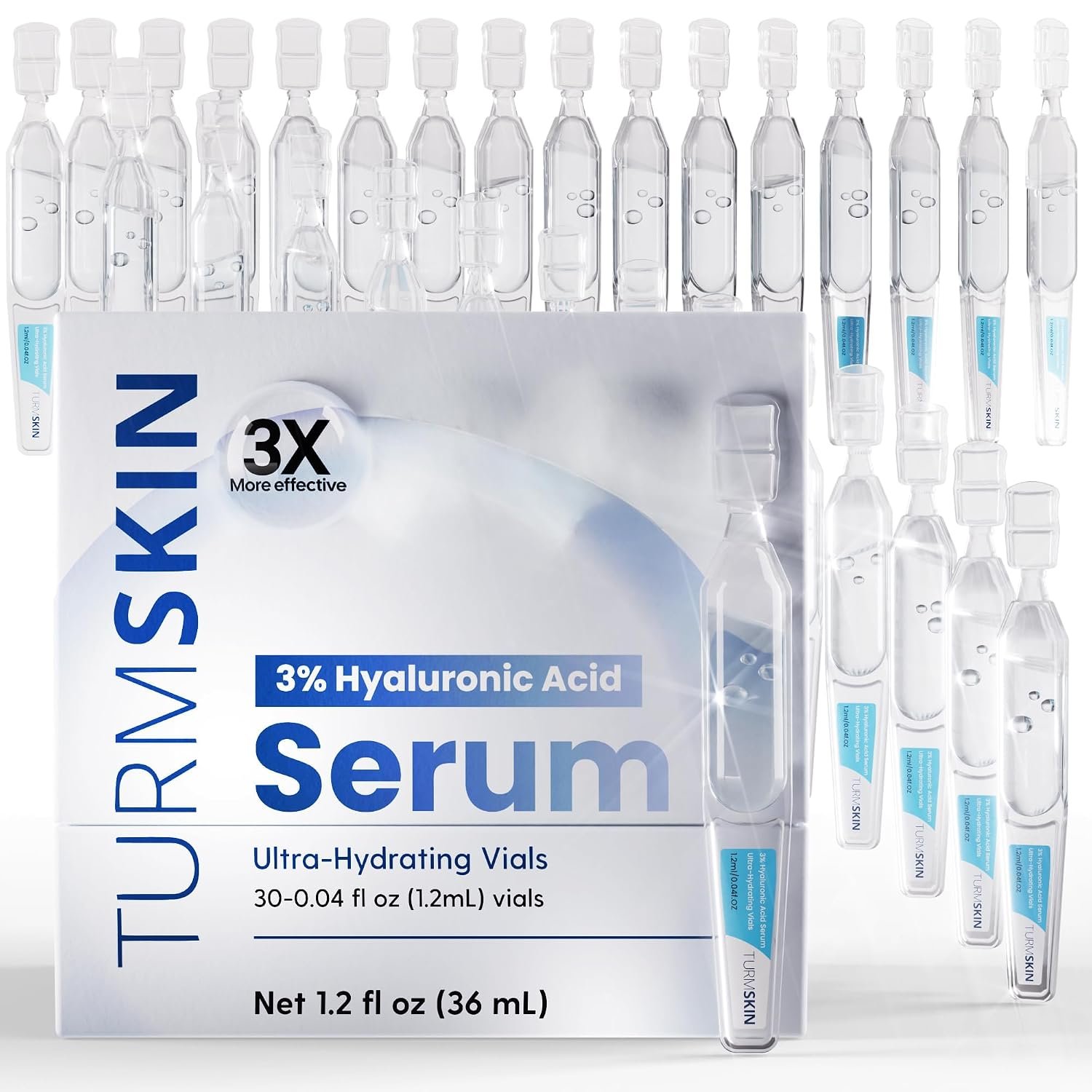 TURMSKIN® Hyaluronic Acid Serum Ampoules [ULTRA HYDRATING VIALS] – 3% Hyaluron Booster for Glass Skin & Anti Aging – 24 Hours Hydration – Soft PE Triple Hyaluronic Complex for Faceskin Repair & Renew