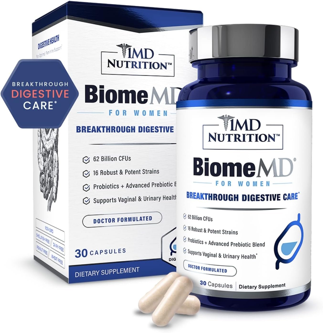 1MD Nutrition BiomeMD Probiotics for Women – Daily Prebiotics and Probiotics for Women – More Than 60 Billion CFUs, 15 Strains – Womens Probiotic to Support Urinary & Vaginal Health – 30 Capsules