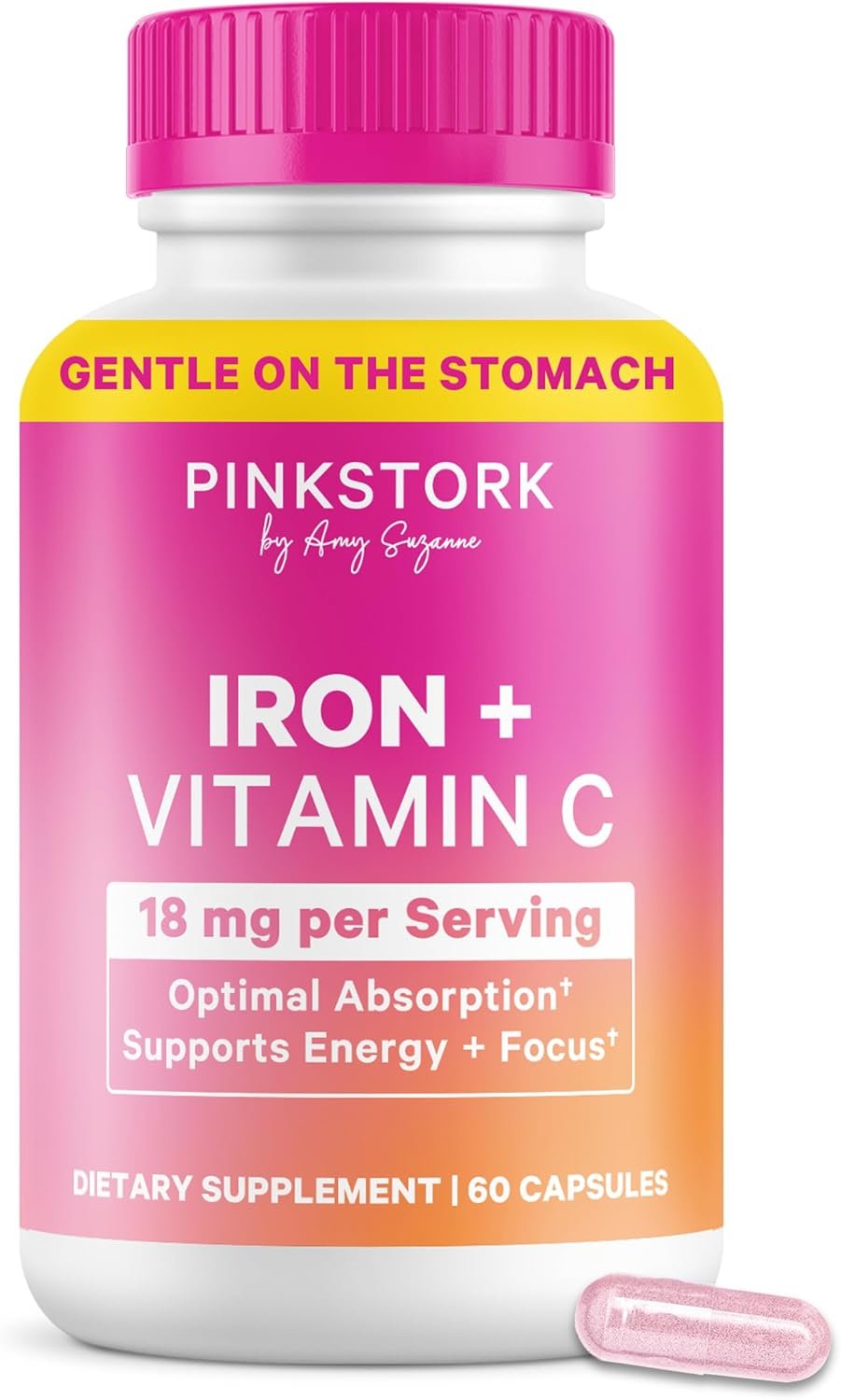Pink Stork Iron Supplement for Women, Bisglycinate + Vitamin C, 60 Capsules