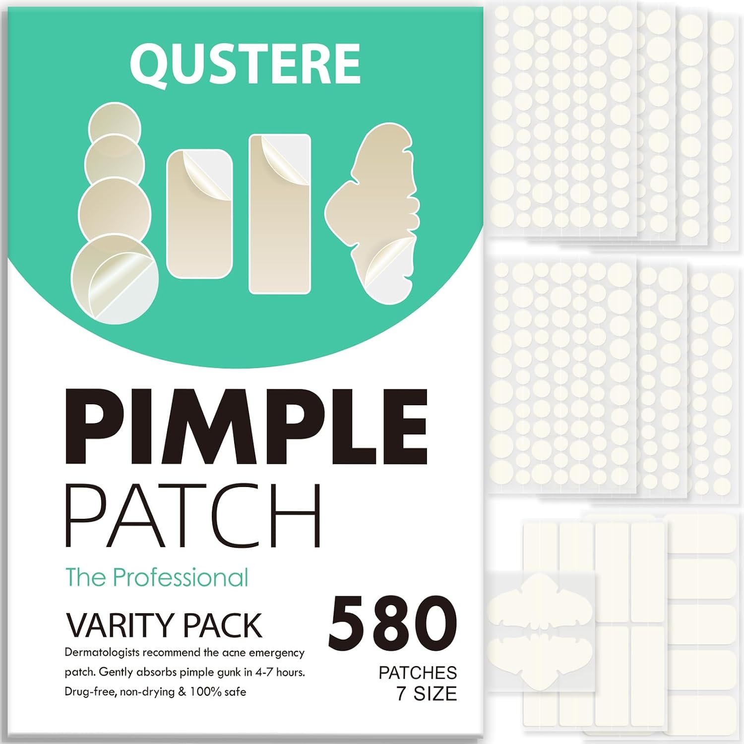 580 Count Pimple Patches for Face, Large Hydrocolloid Acne Patches Stickers Bandages, Blemishes Zit Breakouts for Cheeks, Forehead, Chin, Nose for Full Face & Body | 7 Sizes | 4 Shapes