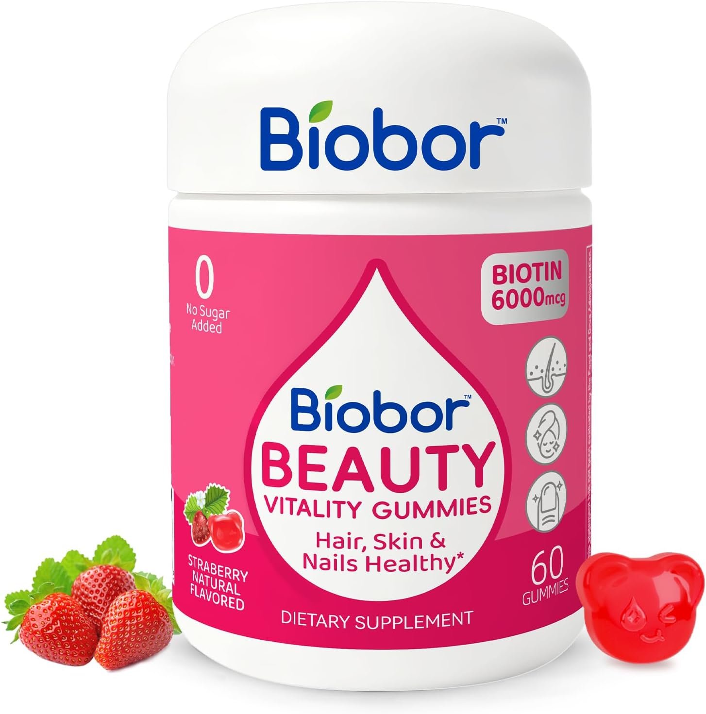 Biobor Hair Skin & Nails Gummies, 6000 mcg Biotin for Beauty Support, 60 Ct