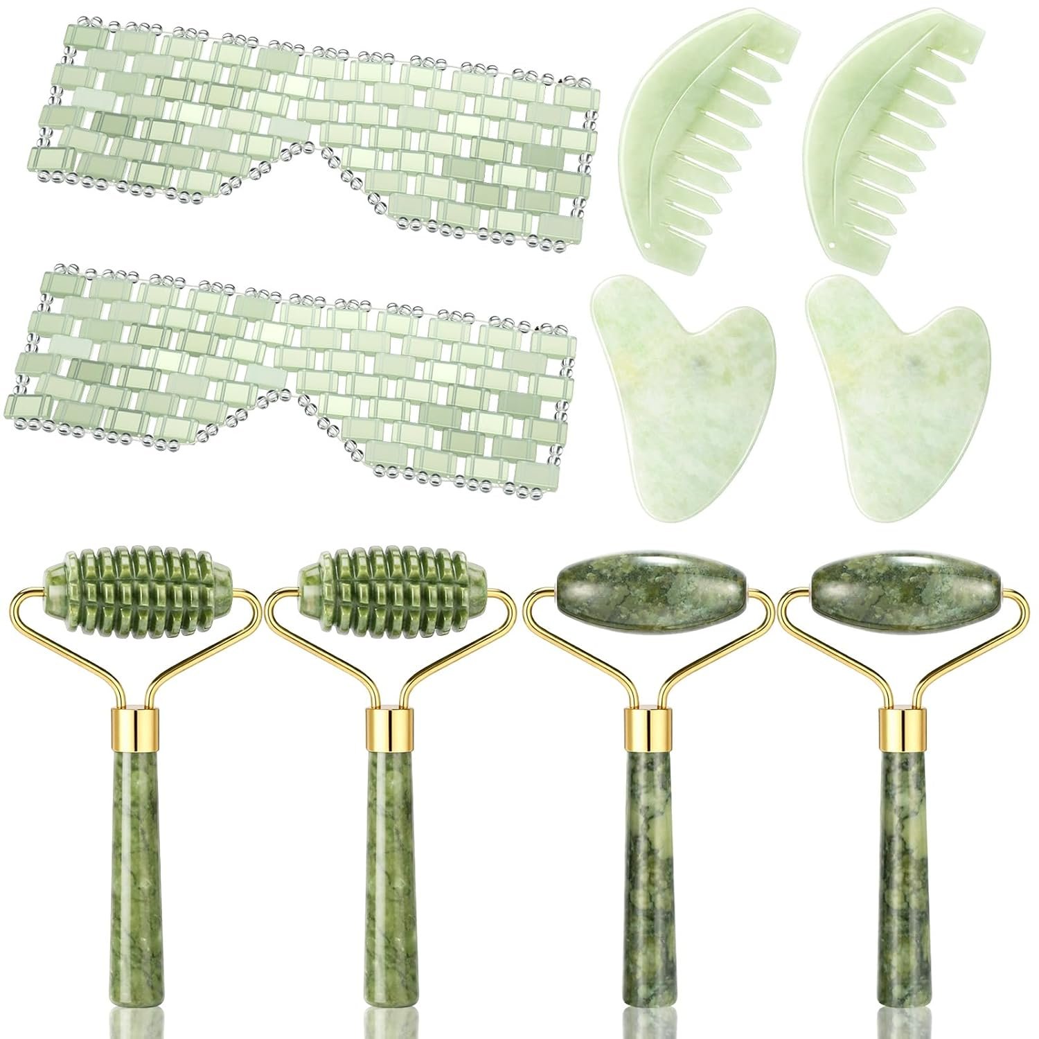 Sliner 10 Pcs Jade Gua Sha Set Comb Eye Mask Roller Face Scalp Spa