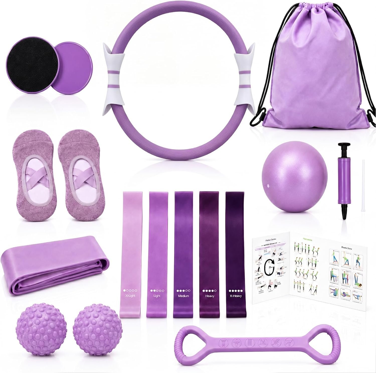 Hoikwo Purple 15 Pcs Pilates Kit for Women Resistance Bands Combo Yoga Sets