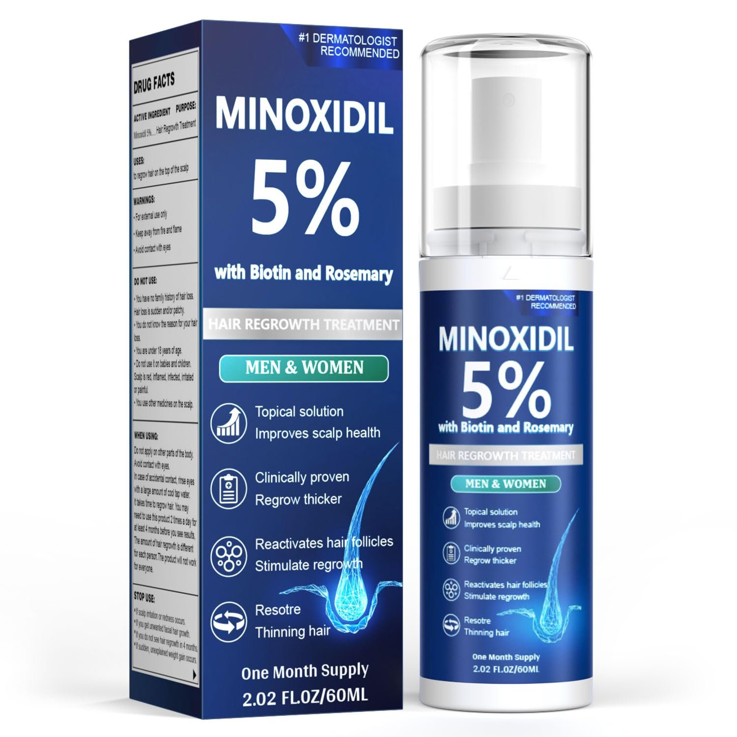 Minoxidil for Men and Women, Hair Growth Serum with Biotin, Rosemary and Batana for Hair Beard Regrowth Treatments Extra Strength Hair Loss Solution, Clinically Proven to Regrow Thicker, 60ML
