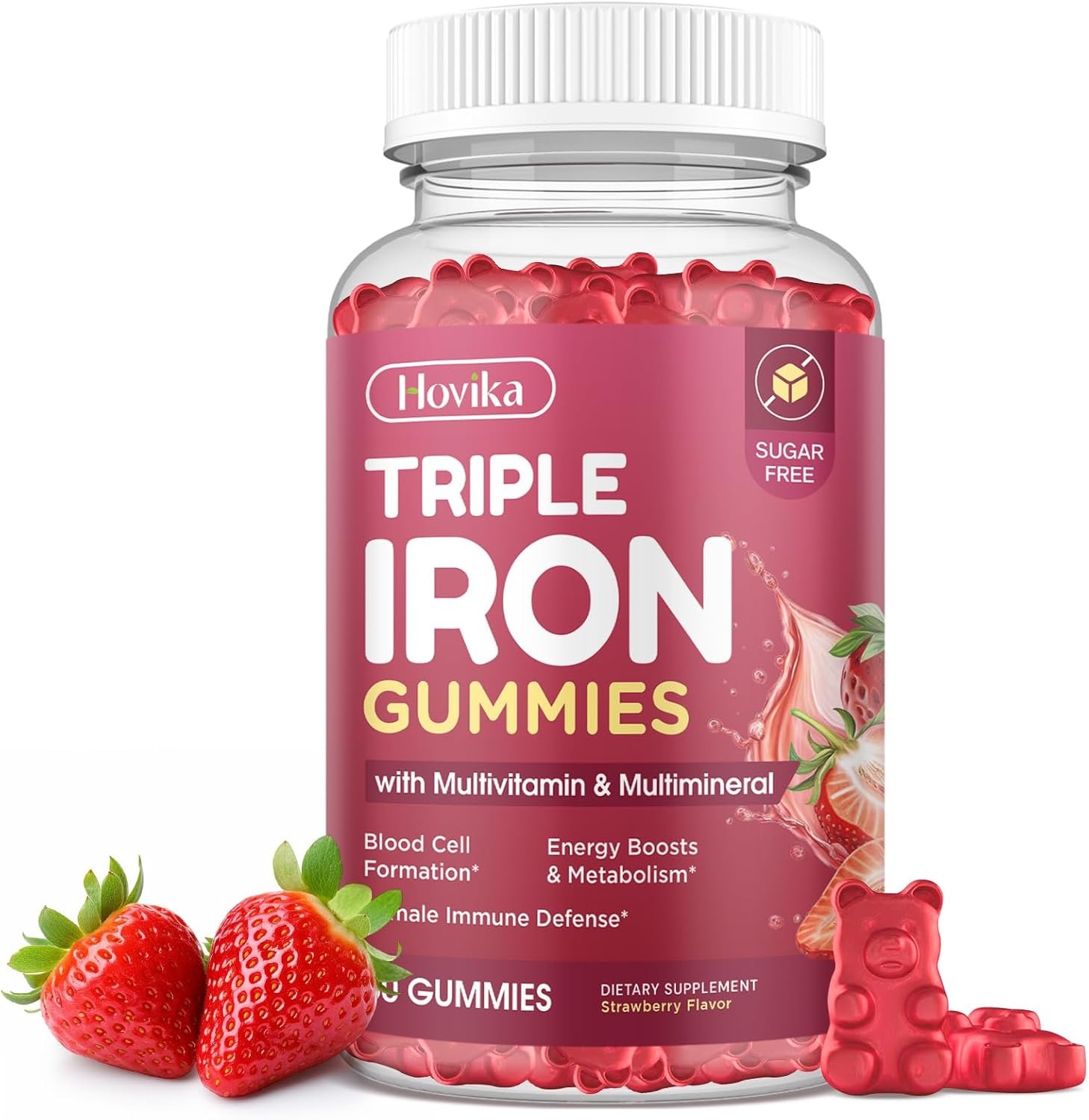 Iron Gummies for Women, Triple Iron Supplement with Multivitamin Iron Gummies with Vitamin C, A, B, Folate, Copper, Zinc for Energy & Blood Support, Immune Health, Vegan, Strawberry Flavor, 60 Counts