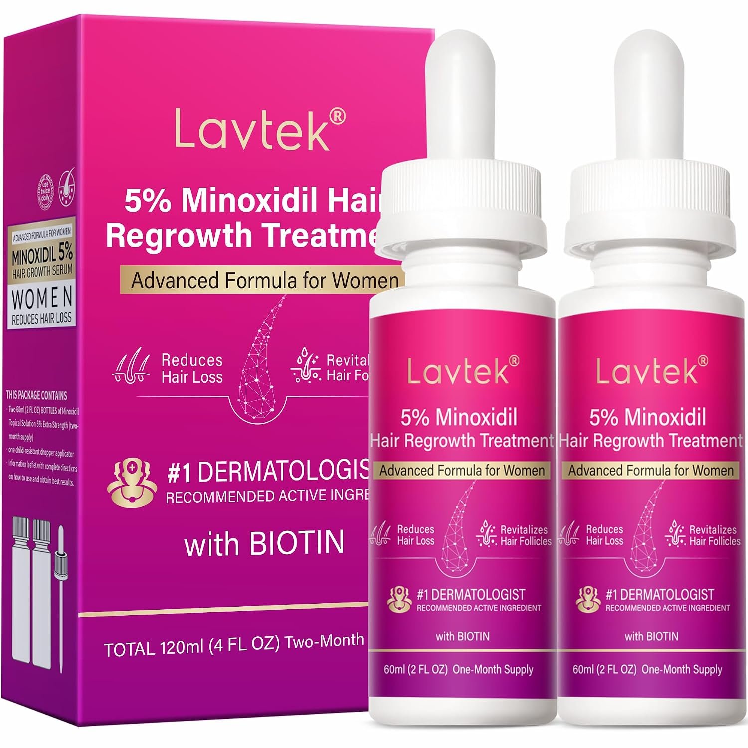 5% Minoxidil Hair Growth Women, Minoxidil for Women Hair Growth Serum with Biotin & Castor Oil, Helps Reduce Hair Loss & Thinning, Strengthens Roots