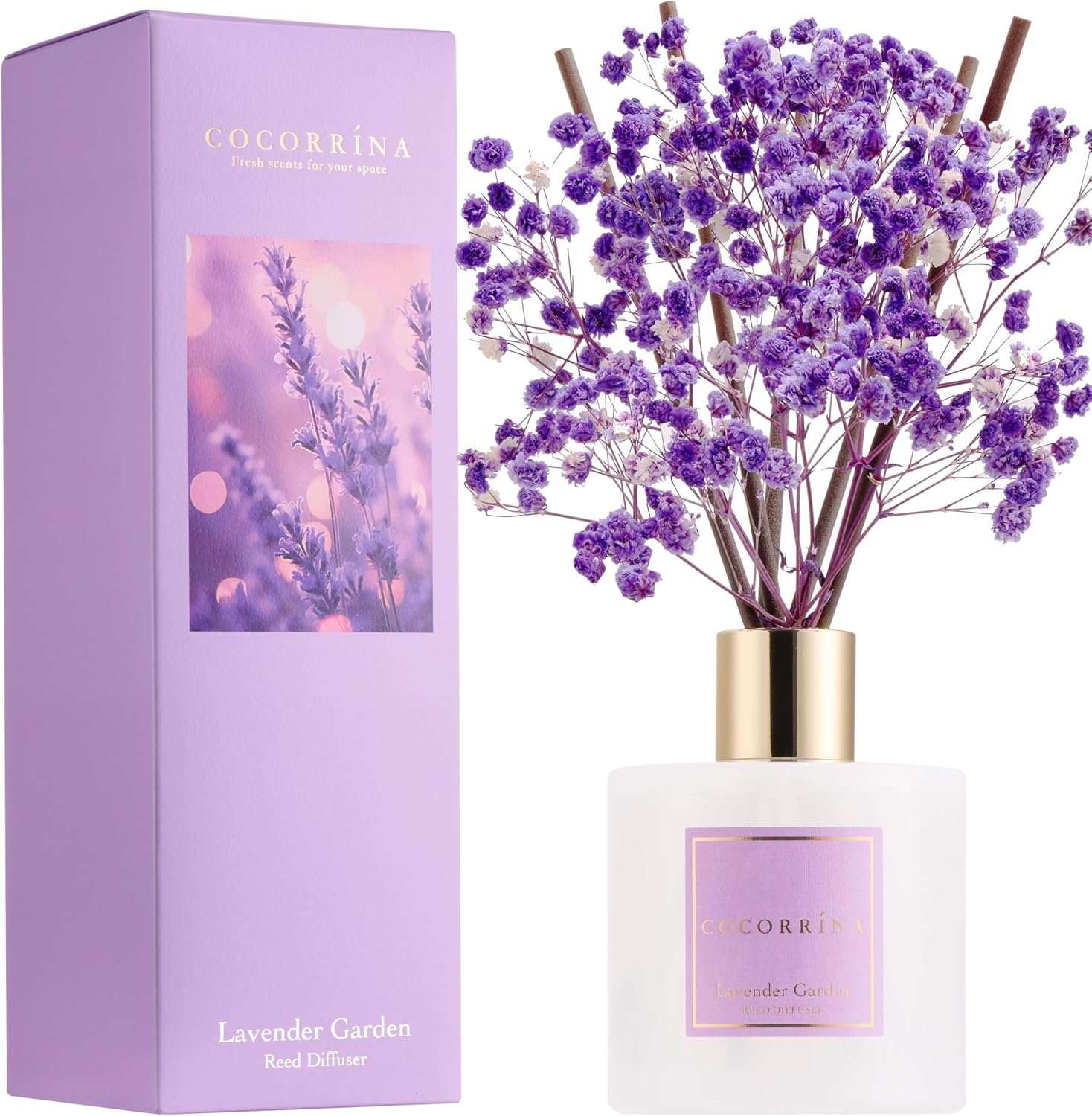 Reed Diffuser – Lavender Garden 6.7 Fl.oz Reed Diffuser Set with Sticks & Preserved Baby’s Breath, Reed Diffuser for Home Bathroom Shelf Decor