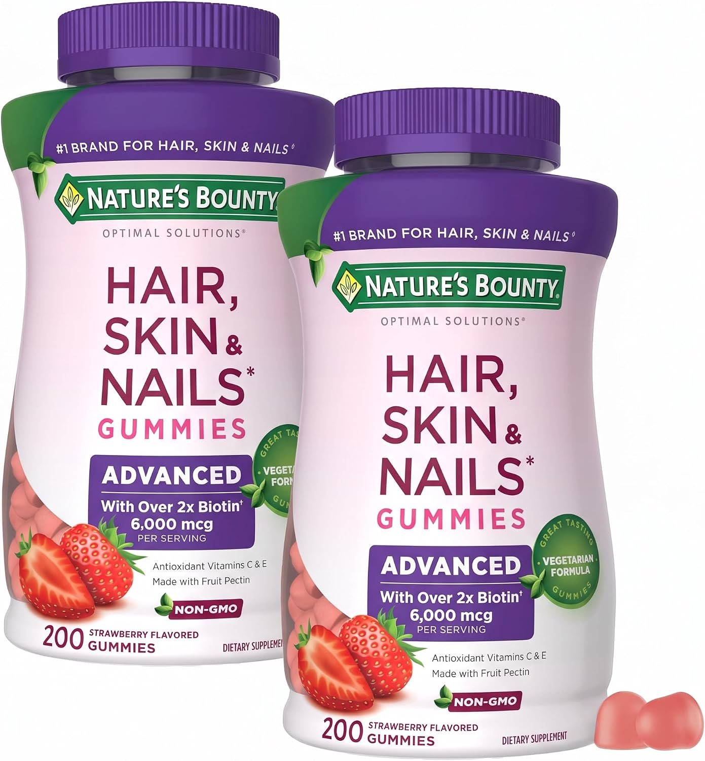 Nature’s Bounty Optimal Solutions Advanced Hair, Skin and Nails Pectin Gummies, 2X Biotin Per Serving, No Stick Gummy, Vegetarian Formula, Strawberry Flavor, 200 ct, 100 Servings, (Pack of 2)