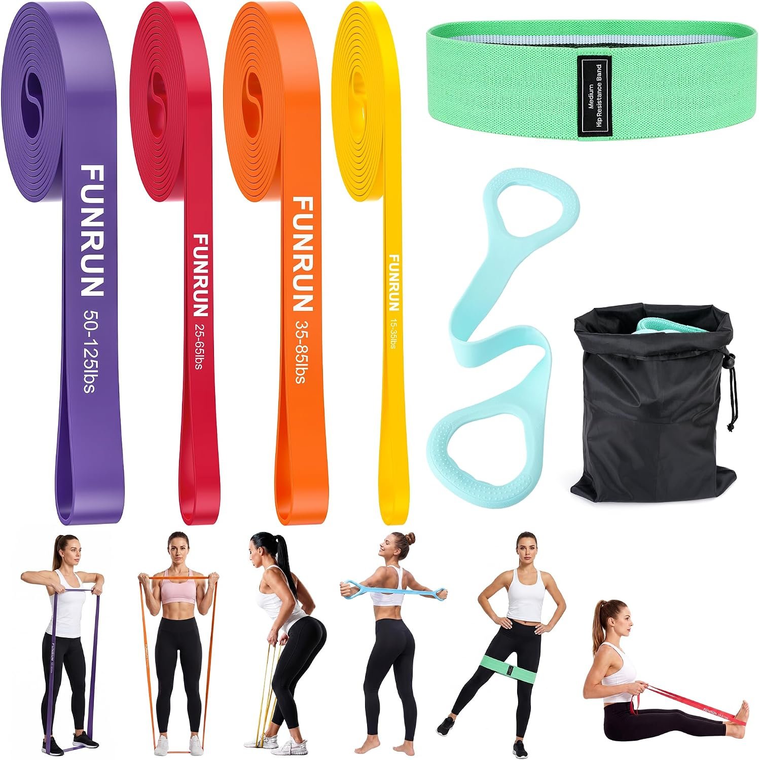 FUNRUN Resistance Bands Set for Women, Exercise Bands with Loop Bands, Non-Slip Fabric Booty Band & Figure 8 Stretch Bands for Strength Training, Physical Therapy, Pilates & Home Gym