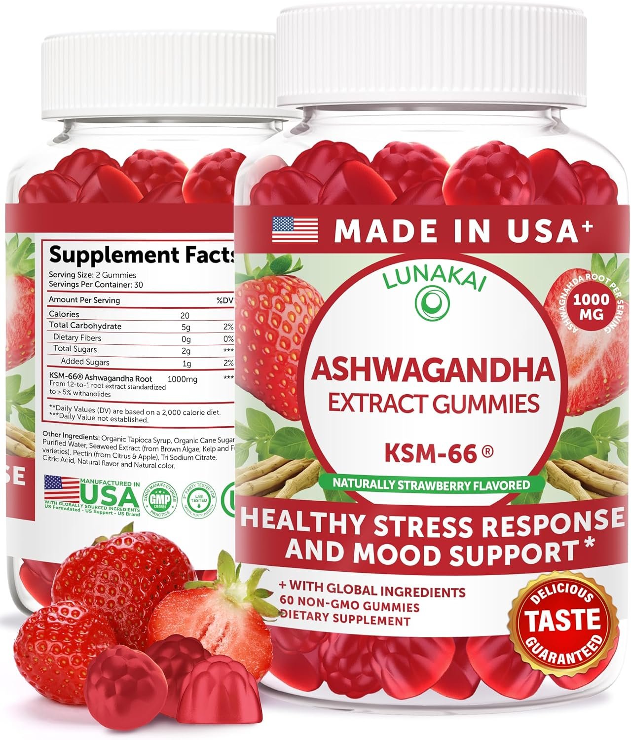 Lunakai USA Made KSM-66 Ashwagandha Gummies for Women & Men, 60ct
