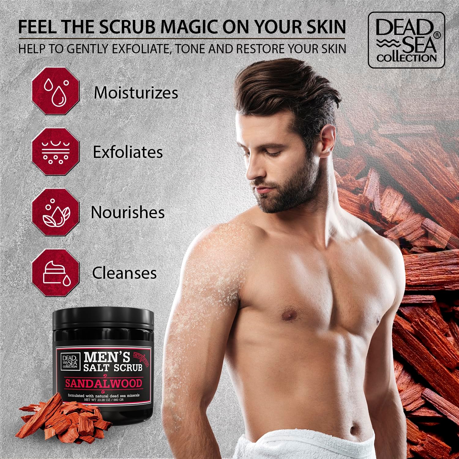 Salt Body Scrub Sandalwood For Men – Moisturizes, Exfoliates & Nourishes Skin – Cleanses & Detoxifies with Dead Sea Minerals – Dead Sea Collection – 23.28 OZ