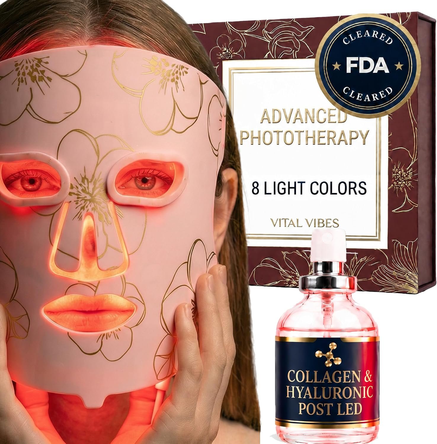 Vital Vibes FDA Cleared Red Light Therapy LED Face Mask + Collagen Serum
