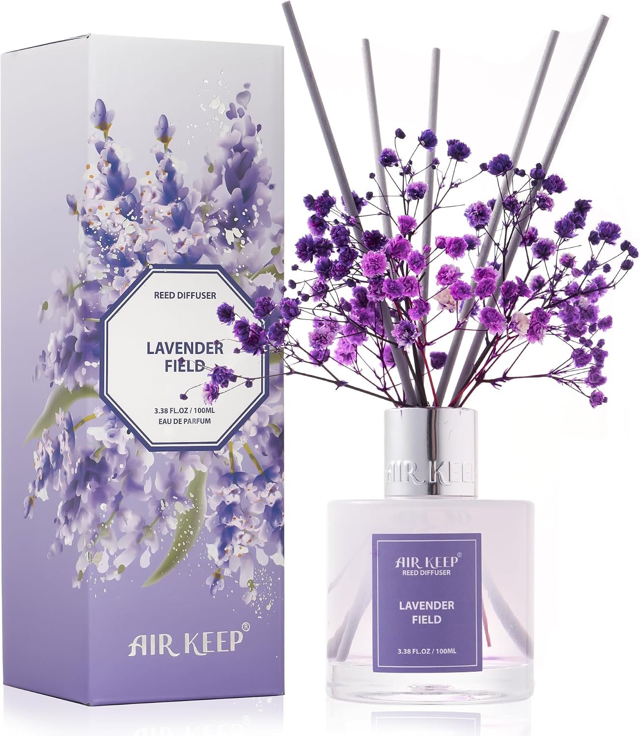 Reed Diffuser Set,3.38 fl oz (100 ml) – Lavender Field Oil Diffusers with 8 Reed Sticks, Home Fragrance Reed Diffuser for Bathroom Shelf Decor