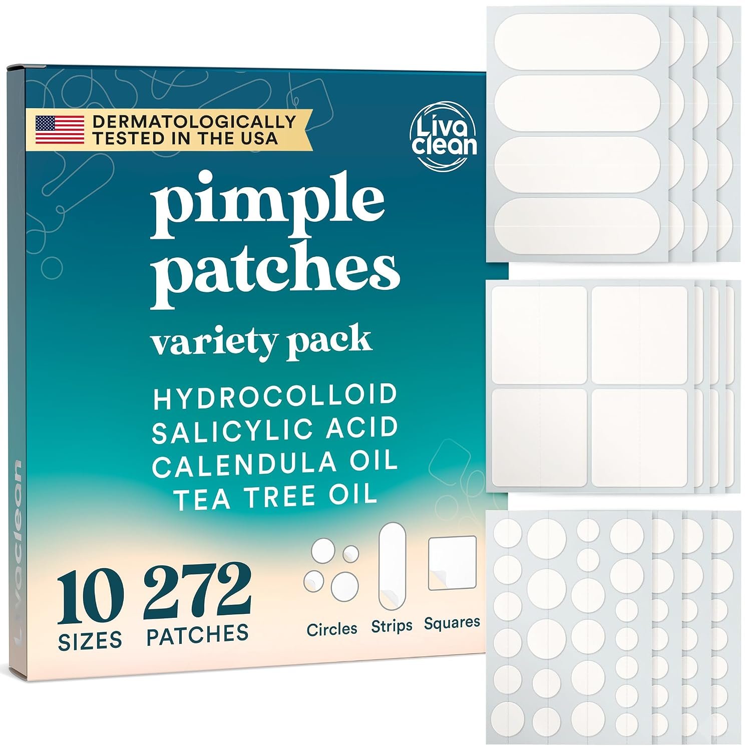 LivaClean 272CT Large Pimple Patches for Face, 10 Sizes Hydrocolloid Patch