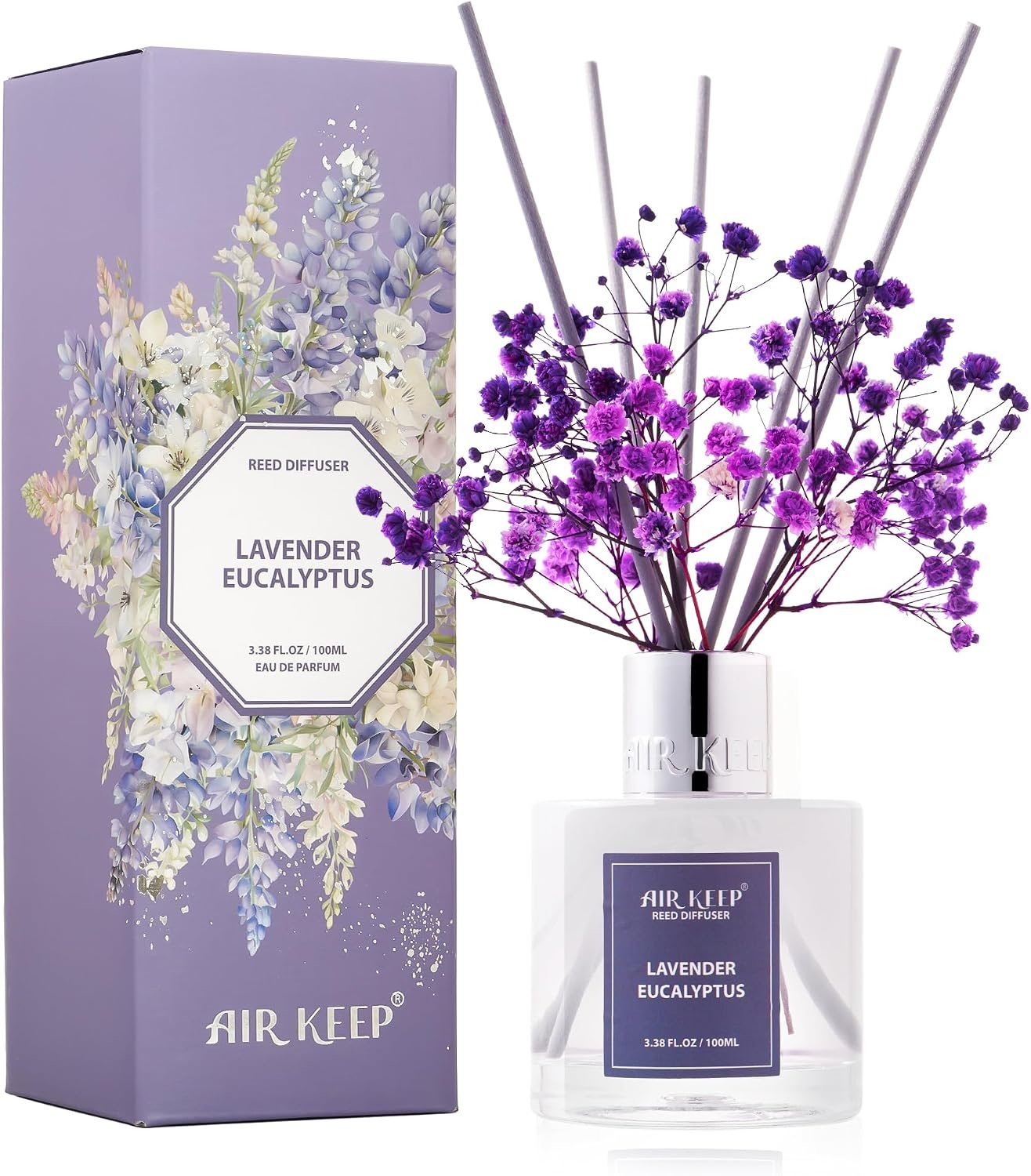 Airkeep Reed Diffuser Set,3.38 fl oz (100 ml) – Lavender Eucalyptus Oil Diffusers with 8 Reed Sticks, Home Fragrance Reed Diffuser for Bathroom Shelf Decor